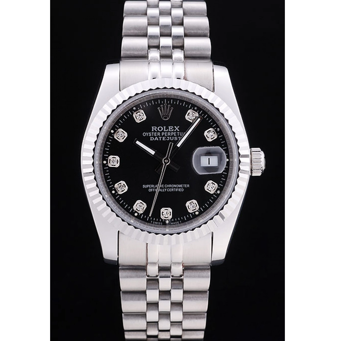 AAA Replica Watches Bezel Ribbed Diamonds Dial Black Rolex Datejust 7458 0612